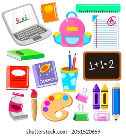 School Supplies cartoon vector set for kids study school 