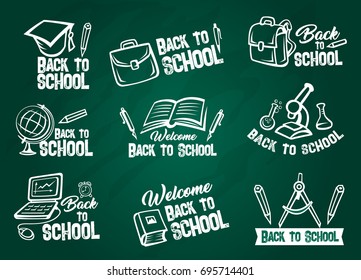 School supplies chalk sketch set on blackboard. Book, pencil, pen, school bag, globe, microscope, computer, chemical flask, student graduation cap, alarm clock and compasses emblem on chalkboard