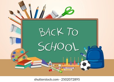 School supplies and a chalkboard illustration