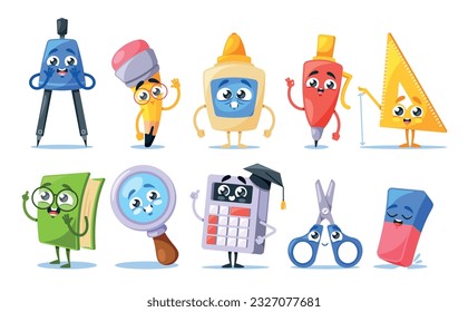 School Supplies Characters Compass, Pencil, Glue and Ruler. Textbook, Magnifier, Calculator and Scissors with Eraser