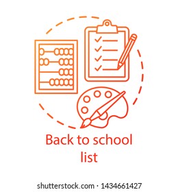 School supplies checklist concept icon. Studies preparation idea thin line illustration. Elementary grade student equipment check. Clipboard, abacus, brush with palette vector isolated outline drawing