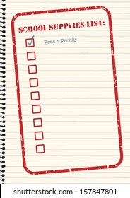 School supplies checklist in red rubber stamp vector format for back to school concept