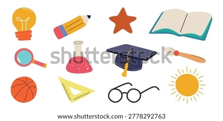 School supplies in childish hand drawn set. Kids learning and stationery illustration. Imperfect drawing element with back to school concept with book, light bulb, learning pencil, and graduation cap.