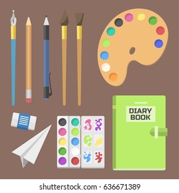 School supplies children stationary educational accessory student notebook vector illustration.