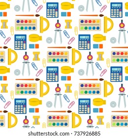 School supplies children stationary educational accessory seamless pattern background student notebook vector illustration.