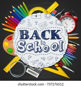 School supplies in a circle on black background.Vector illustration