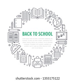 School supplies circle template with line icons set. Study tools poster - globe, calculator, book, pencil, scissors, ruler, notebook vector illustration. Thin signs for stationery sale brochure.