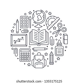 Plantilla de círculo de útiles escolares con iconos de línea establecidos. Cartel de herramientas de estudio - globo, calculadora, libro, lápiz, tijeras, Regla, Ilustración vectorial de cuaderno. Signos delgados para el folleto de venta de papelería.