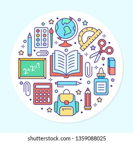 School supplies circle template with line icons set. Study tools poster - globe, calculator, book, pencil, scissors, ruler, notebook vector illustration. Thin signs for stationery sale brochure.