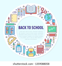 School supplies circle template with line icons set. Study tools poster - globe, calculator, book, pencil, scissors, ruler, notebook vector illustration. Thin signs for stationery sale brochure.