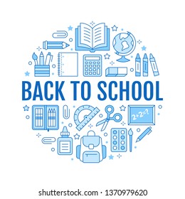School supplies circle template with line icons set. Study tools blue poster - globe, calculator, book, pencil, scissors, ruler, notebook vector illustration. Thin signs for stationery sale brochure.