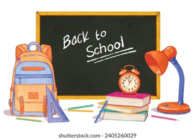 School supplies and classroom students objects, books, black board. Back to school , Education and studying concept