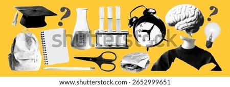 School supplies collage with science lab, brain, light bulb and backpack in halftone pop art design.