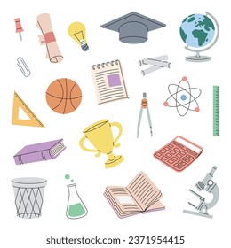 School supplies collection. Graduation cap, basketball ball, triangle ruler, trophy, calculator, diploma, microscope, tube, notebook. Back to school.