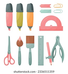 School Supplies Collection of Isolated Elements: markers, paper notes, paper clips, scissors, brushes, ruler, protractor, bow compass with pencil. Stationery Set of Icons. Cute Cartoon Style.