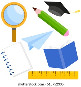 School supplies collection. Notepads, books, pen, ruler. Vector illustration set.