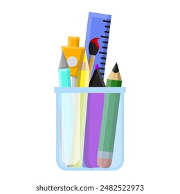 school supplies collection, school supplies in one cup, school supplies illustration 