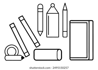 School Supplies Collection: Pencils, Notebooks, and Erasers Vector Illustration, Cartoon, Clipart, and Line Art Design