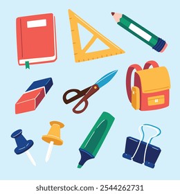 School supplies collection, textbook, ruler, pencil, eraser, binder clip, push pin, scissor, backpack, fluorescent pen flat hand drawn style