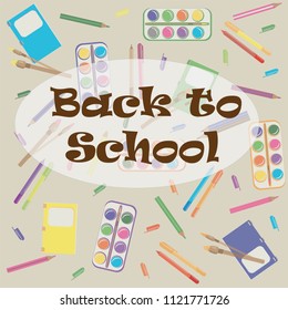 School supplies, colored background, text. Tools, objects, texture
