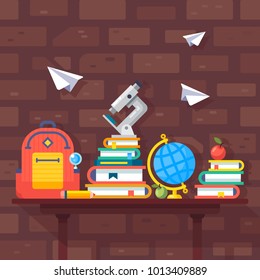 School supplies. Colorful background with school microscope, backpack and books vector flat style illustration set