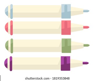 School supplies, colorful crayons for drawing. Markers for writing or highlighters, office stationery. Multicolor chalk pencils for art lessons in university, college, kindergarten, vector in flat