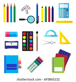 School supplies, colorful vector flat set, illustration