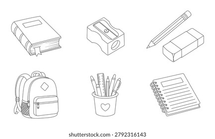School Supplies Coloring Page Bundle Black and White Line Art Study Tools Set for Kids