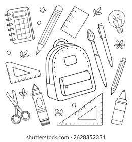 School Supplies Coloring Page for Kids – Printable Black and White Worksheet for Education and Activities.