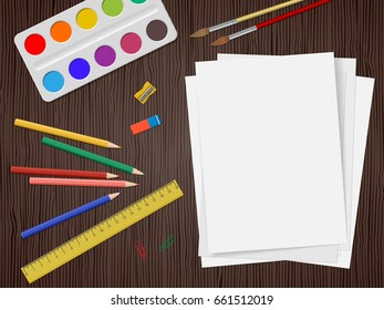 School supplies, colour pencils, white paper, watercolors paints, ruler, eraser on dark wooden background with place for text. Back to school. Education and school concept. Vector illustration