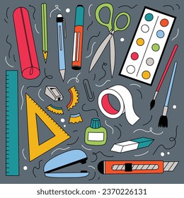 school supplies colourful collection, flat illustration. Vector illustration