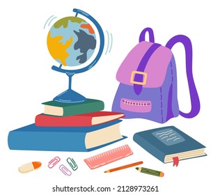 School supplies composition. Books, backpack, textbook, pencils, paper, clips and globe. 
Back to school. Children subjects for study. Cartoon Vector illustration isolated on the white background.
