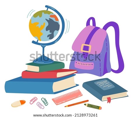 School supplies composition. Books, backpack, textbook, pencils, paper, clips and globe. 
Back to school. Children subjects for study. Cartoon Vector illustration isolated on the white background.
