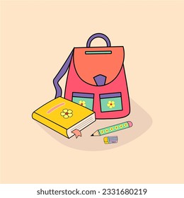 School supplies composition. Included backpack, book, pencil and eraser. Educational concept.