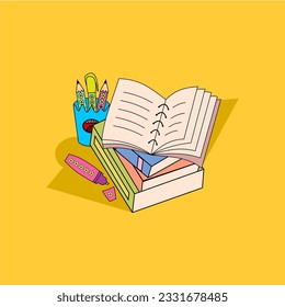 School supplies composition. Included stack of book, open book, color marker, pen eraser and pencil on yellow background. Educational concept.