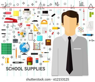 school supplies concept background. Flat icons.