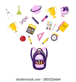 School supplies concept with backpack, calculator, book, paints, pen. Vector illustration of learning equipment