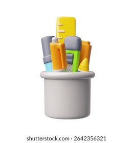 School supplies in container 3D plastic cartoon style vector icon. Realistic ruler, pencil, pen, felt-tip pen stationary tools. Mathematics, geometric and arithmetic education