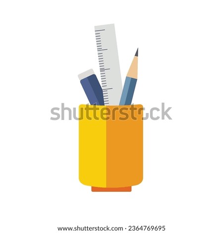 School supplies in cup holder, flat vector illustration, pencil container icon