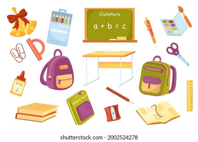 School supplies cute elements isolated set. Collection of bells, pencils in box, blackboard, pen, paints and brush, backpacks, desk, textbooks, stationery. Vector illustration in flat cartoon design