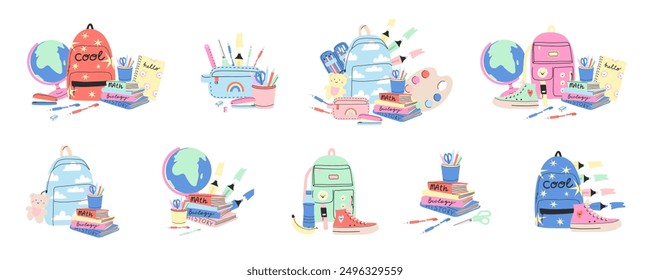 School supplies. Cute stationery. Backpack, pen and pencil. Study books. Stapler and glue. Adhesive tape and paper notes. Scissors or highlighter marker. Education vector cute cartoon illustration