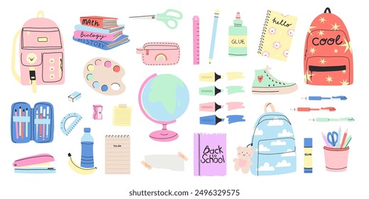 School supplies. Cute stationery. Backpack, pen and pencil. Study books. Stapler and glue. Adhesive tape and paper notes. Scissors or highlighter marker. Education set vector cute cartoon illustration