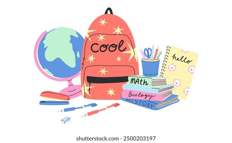School supplies. Cute stationery. Backpack, pen and pencil. Study books. Stapler and glue. Adhesive tape and paper notes. Scissors or highlighter marker. Education vector cute cartoon illustration