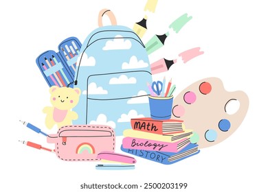 School supplies. Cute stationery. Backpack, pen and pencil. Study books. Stapler and glue. Adhesive tape and paper notes. Scissors or highlighter marker. Education vector cute cartoon illustration