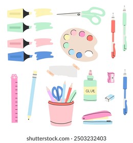 School supplies. Cute stationery. Backpack, pen and pencil. Study books. Stapler and glue. Adhesive tape and paper notes. Scissors or highlighter marker. Education vector cute cartoon illustration