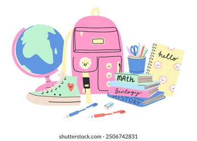 School supplies. Cute stationery. Backpack, pen and pencil. Study books. Stapler and glue. Adhesive tape and paper notes. Scissors or highlighter marker. Education vector cute cartoon illustration