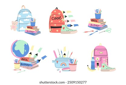 Material escolar. Artigos de papelaria bonitos. Mochila, caneta e lápis. Livros de estudo. Grampeador e cola. Fita adesiva e notas de papel. Tesoura ou marcador de marca-texto. Vetor de educação ilustração de desenho animado bonito