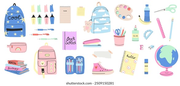 Schulbedarf. Nettes Briefpapier. Rucksack, Stift und Bleistift. Lernbücher. Hefter und Klebstoff. Klebeband und Papiernoten. Schere oder Marker. Bildung Vektor süße Cartoon-Illustration