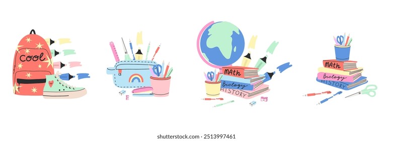 School supplies. Cute stationery. Backpack, pen and pencil. Study books. Stapler and glue. Adhesive tape and paper notes. Scissors or highlighter marker. Education vector cute cartoon illustration