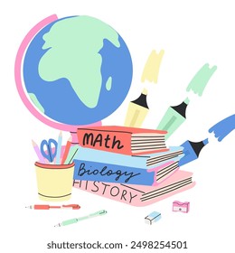 School supplies. Cute stationery. Globe, pen and pencil. Study books. Stapler and glue. Adhesive tape and paper notes. Scissors or highlighter marker. Education vector cute cartoon illustration
